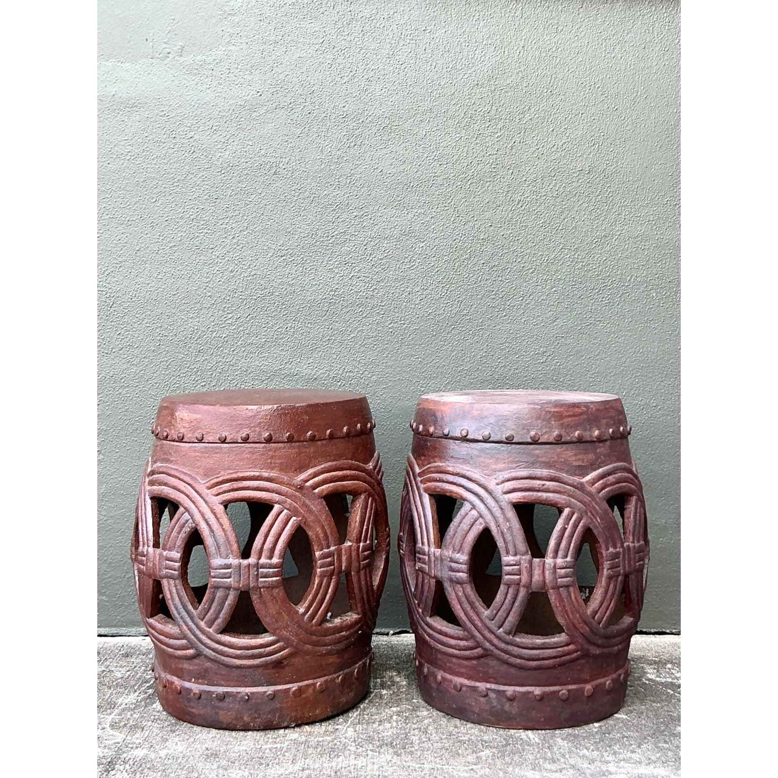20ième siècle Vintage Boho Glazed Ceramic Rings Low Stools - A Pair en vente