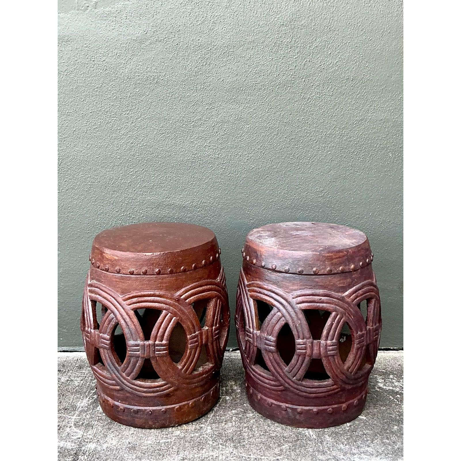 Céramique Vintage Boho Glazed Ceramic Rings Low Stools - A Pair en vente