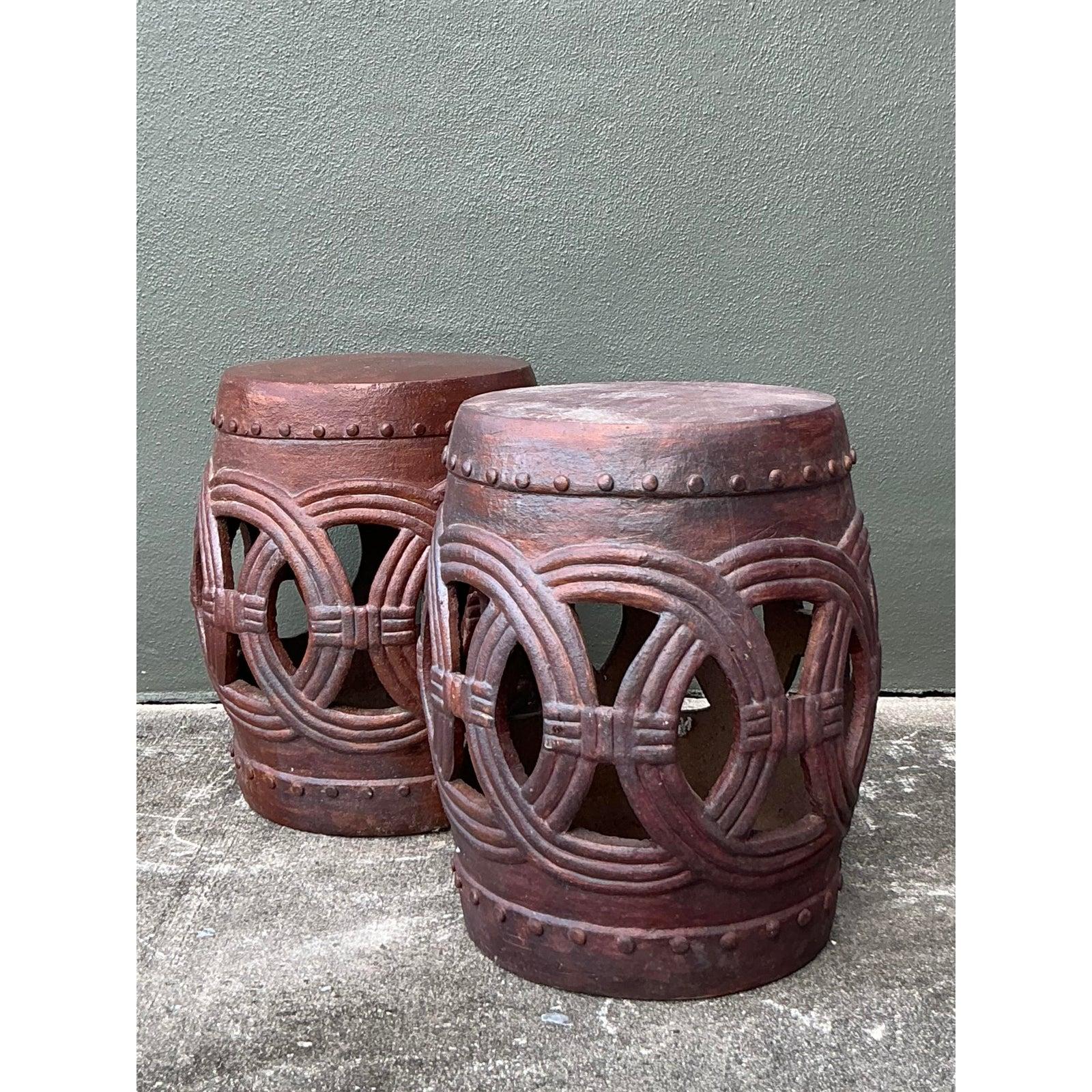 Vintage Boho Glazed Ceramic Rings Low Stools - A Pair en vente 1