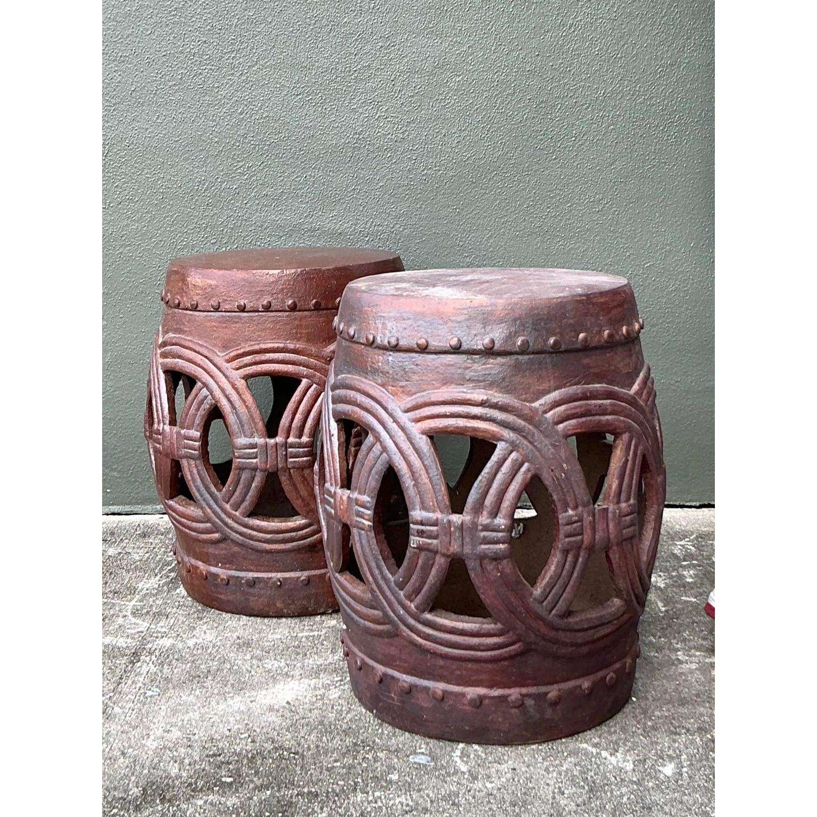 Vintage Boho Glazed Ceramic Rings Low Stools - A Pair en vente 2