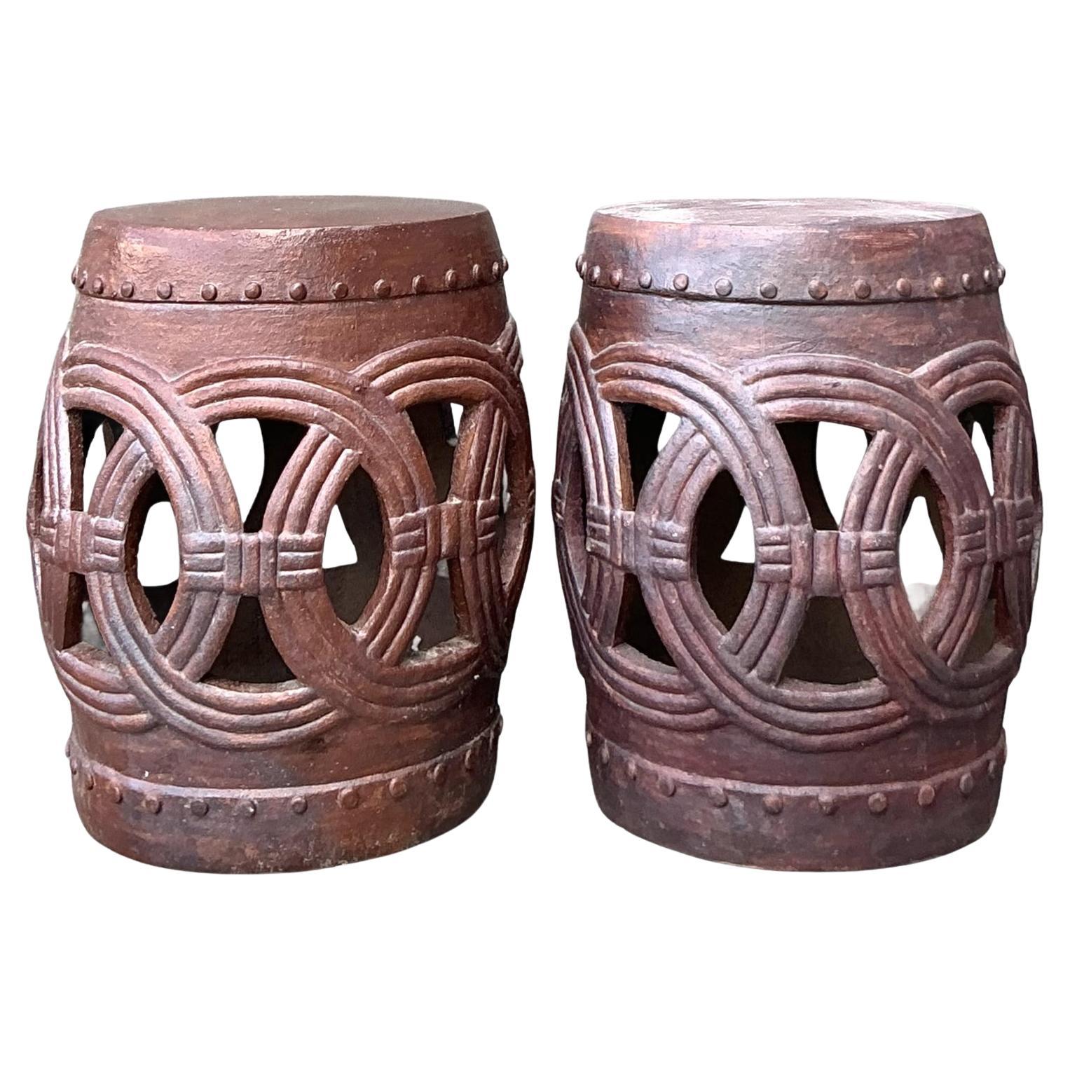 Vintage Boho Glazed Ceramic Rings Low Stools - A Pair