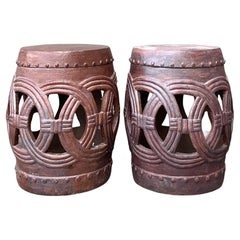 Vintage Boho Glazed Ceramic Rings Low Stools - A Pair