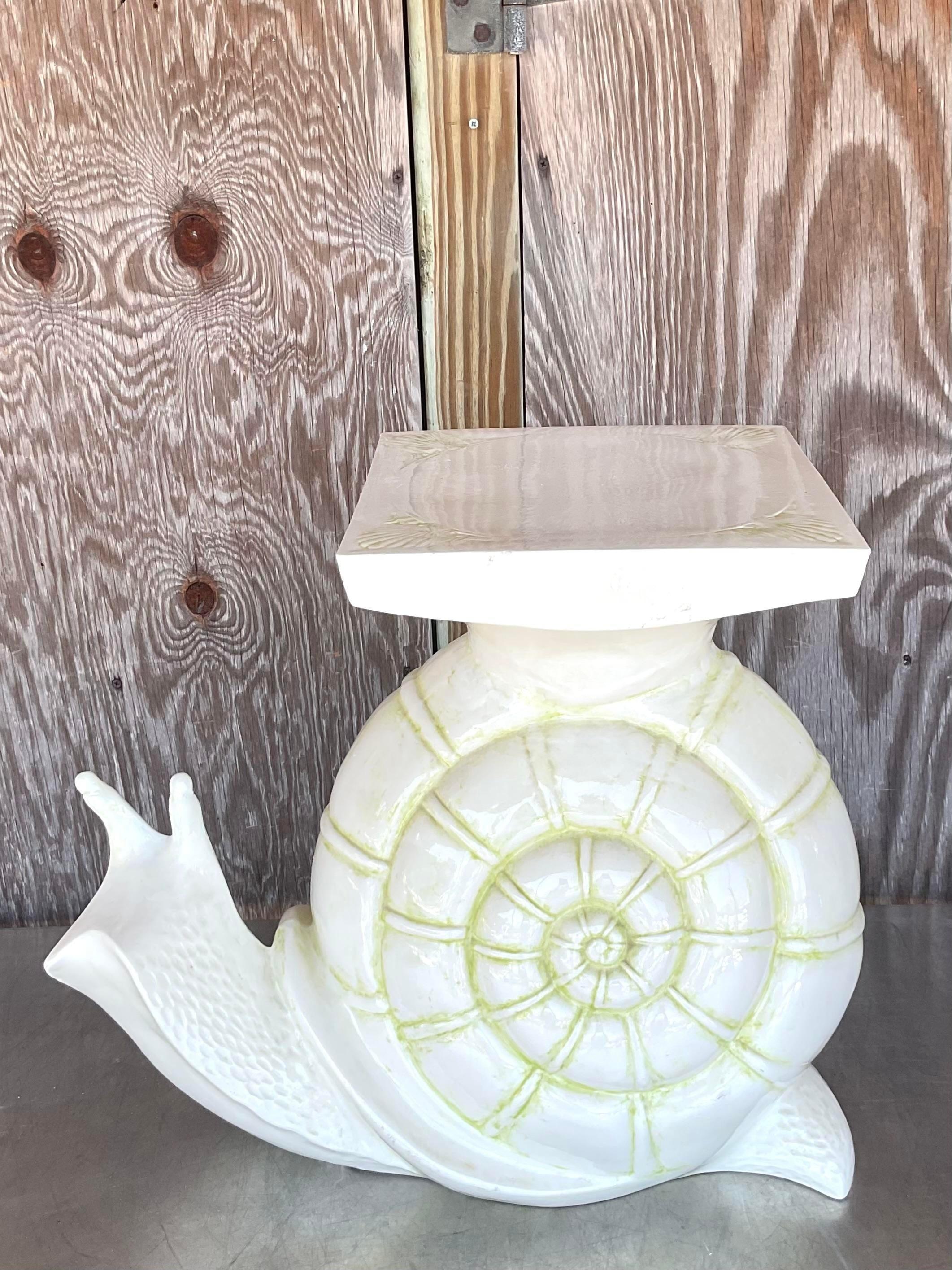 Vintage Boho Glazed Ceramic Snail Low Stool In Good Condition In West Palm Beach, FL