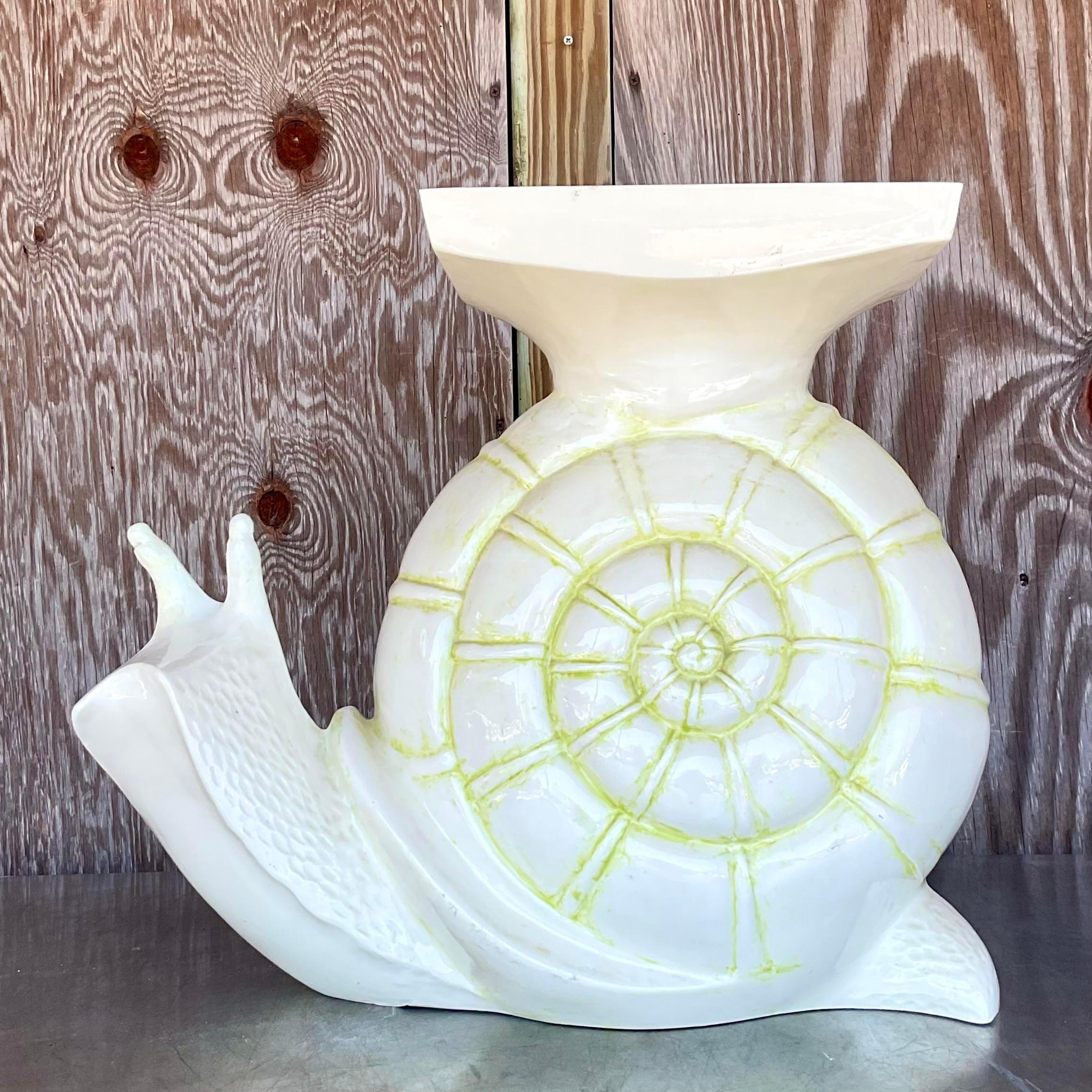Vintage Boho Glazed Ceramic Snail Low Stool 1