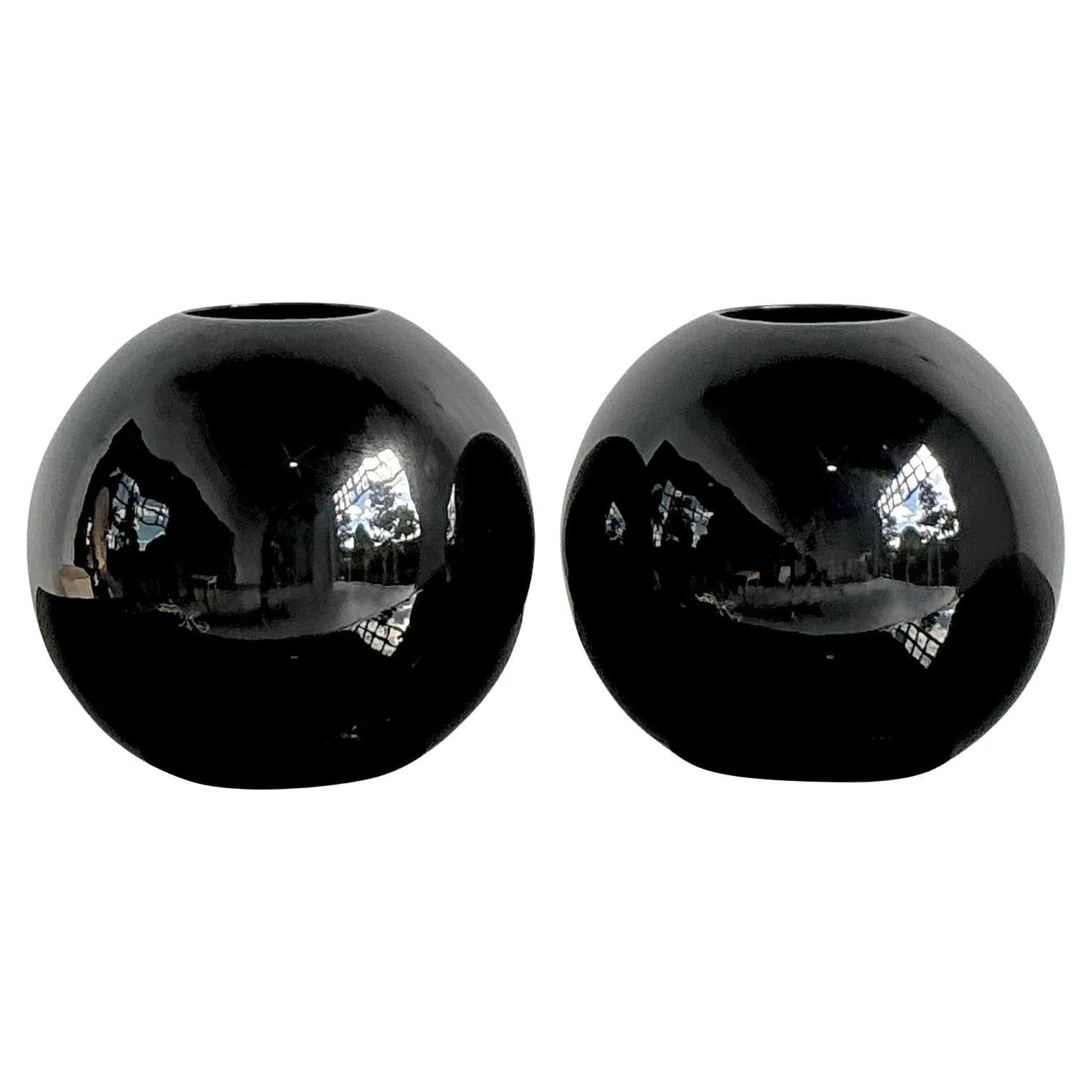 Vintage Boho Glazed Ceramic Sphere Vases - A Pair