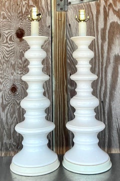 Vintage Boho Glazed Ceramic Spool Lamps - a Pair