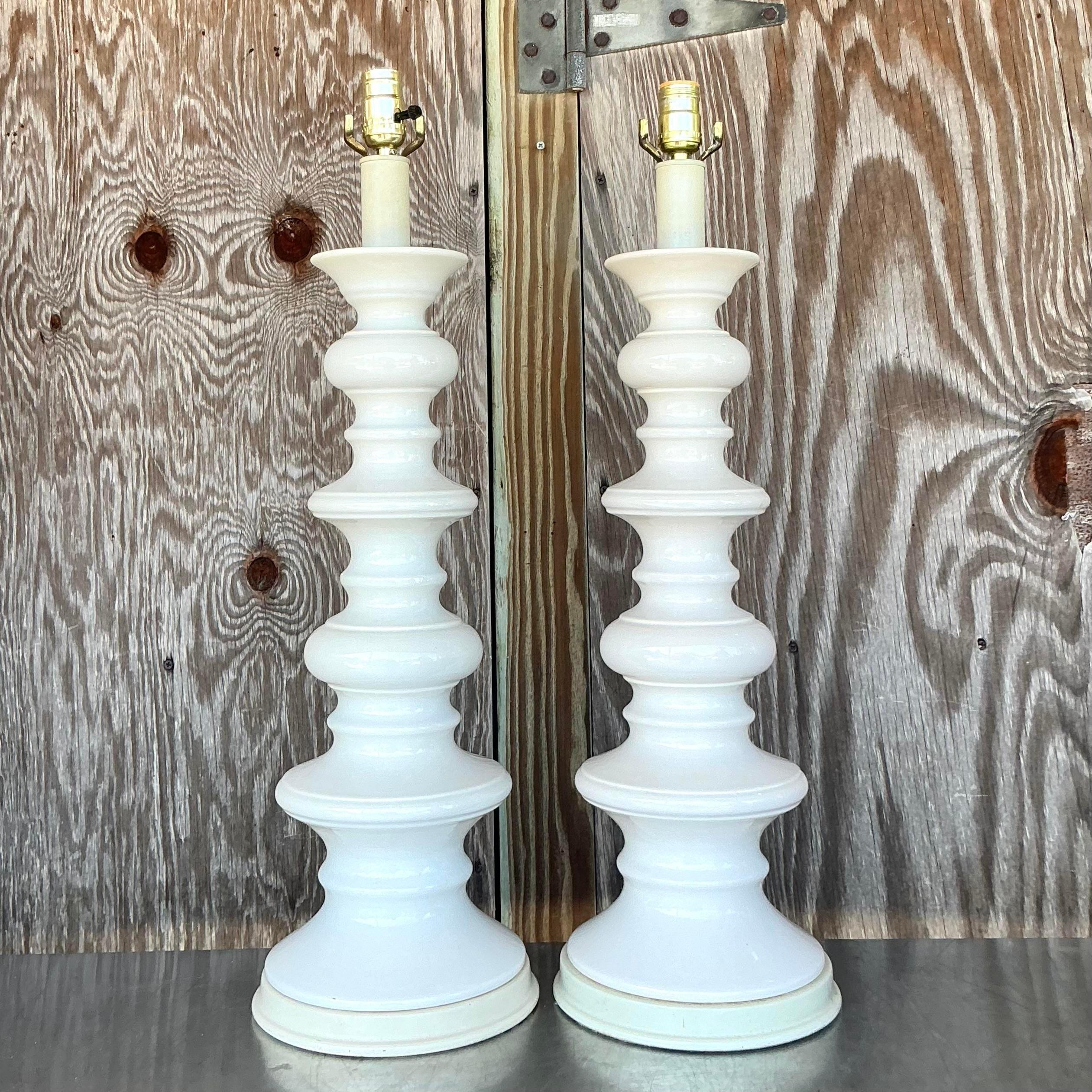 Mid-Century Modern Paire de lampes Boho en céramique émaillée en vente