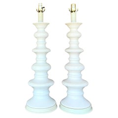 Vintage Boho Glazed Ceramic Spool Lamps - a Pair