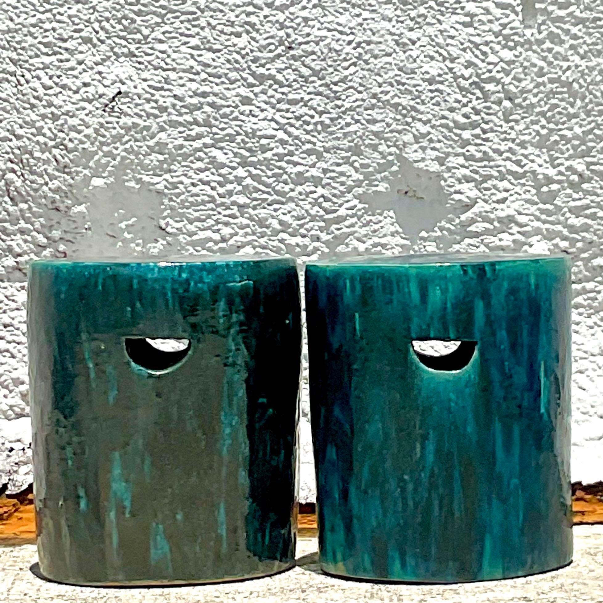Chinese Vintage Boho Glazed Ceramic Stools - a Pair