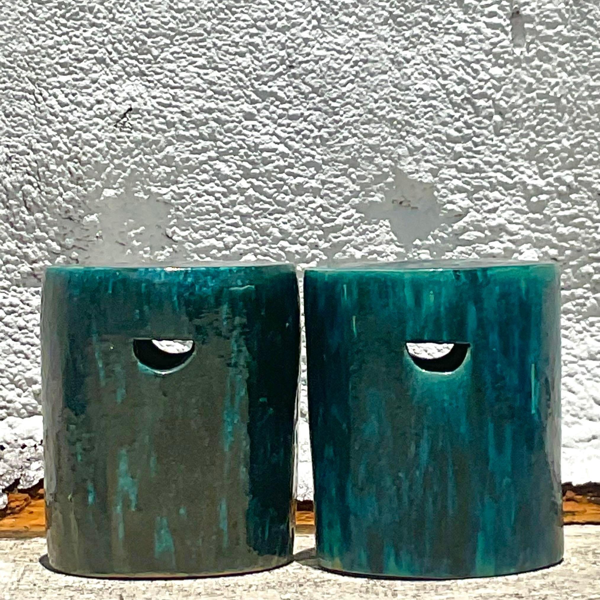 Vintage Boho Glazed Ceramic Stools - a Pair In Good Condition In West Palm Beach, FL