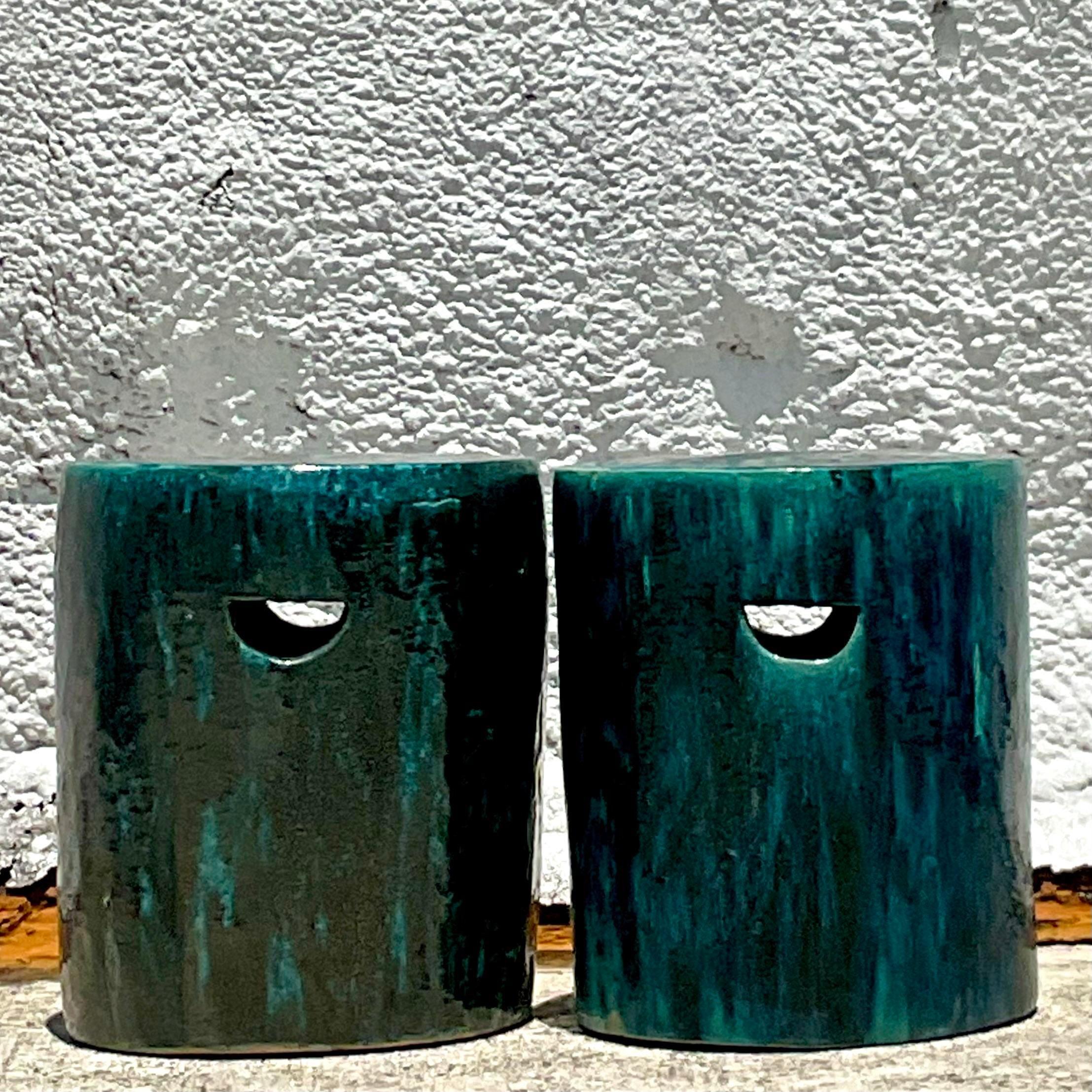 Contemporary Vintage Boho Glazed Ceramic Stools - a Pair