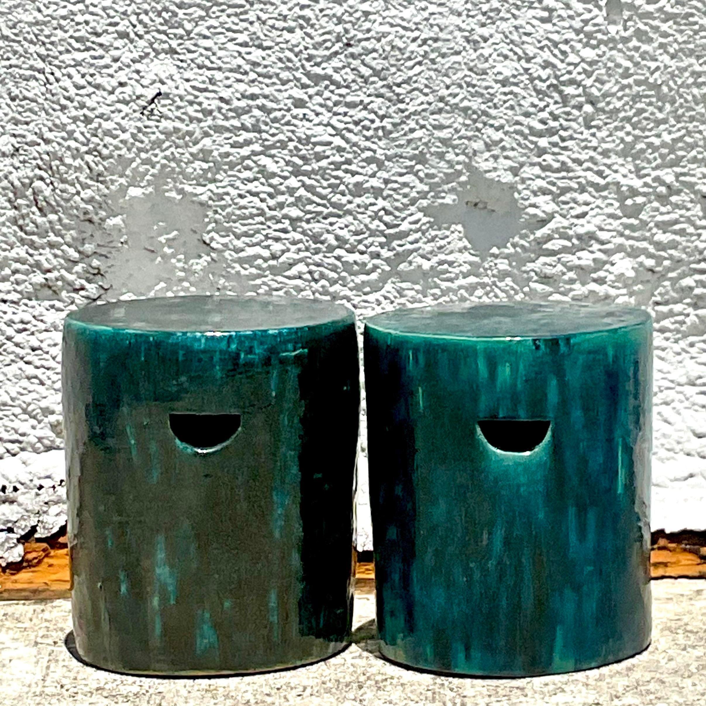 Vintage Boho Glazed Ceramic Stools - a Pair 1