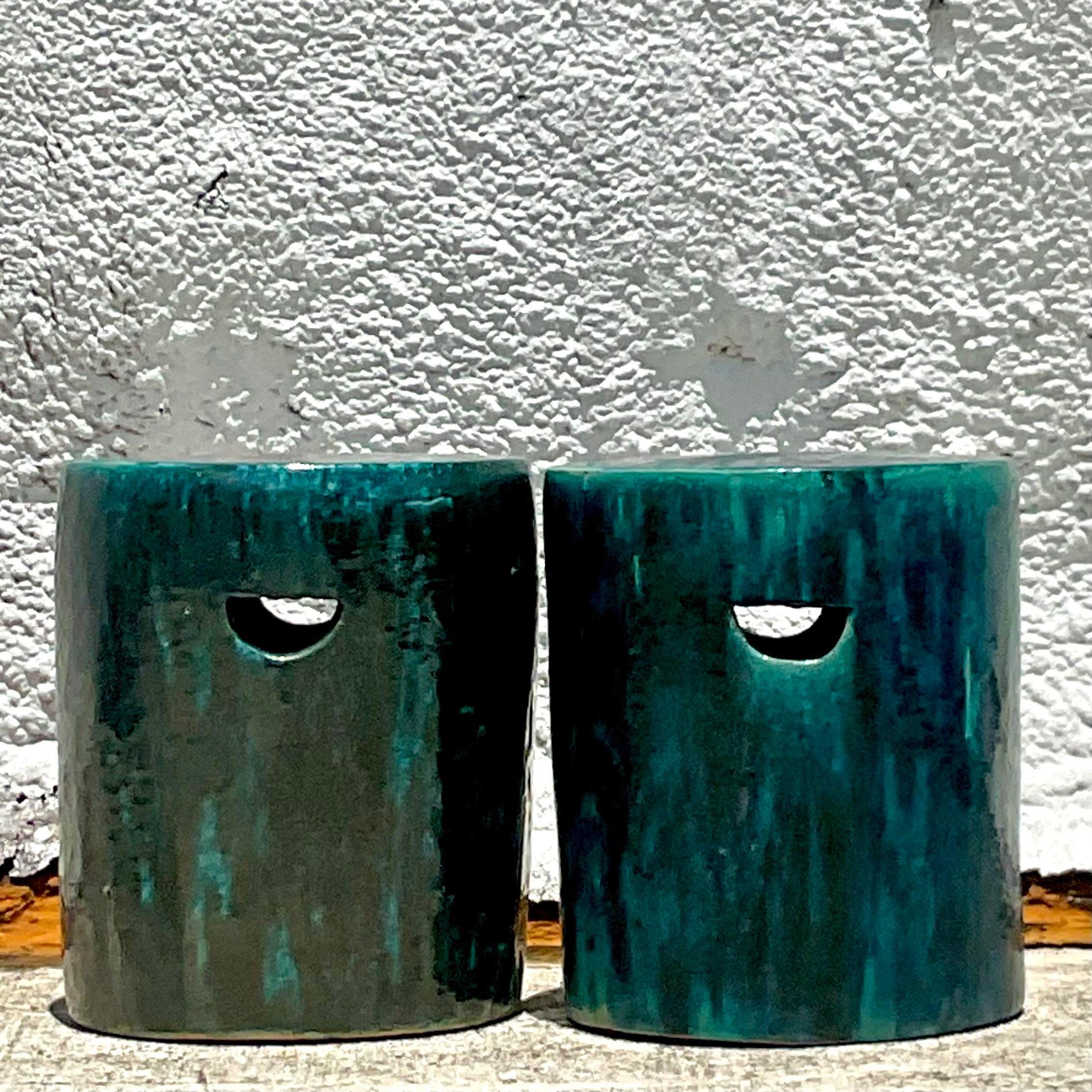 Vintage Boho Glazed Ceramic Stools - a Pair 2
