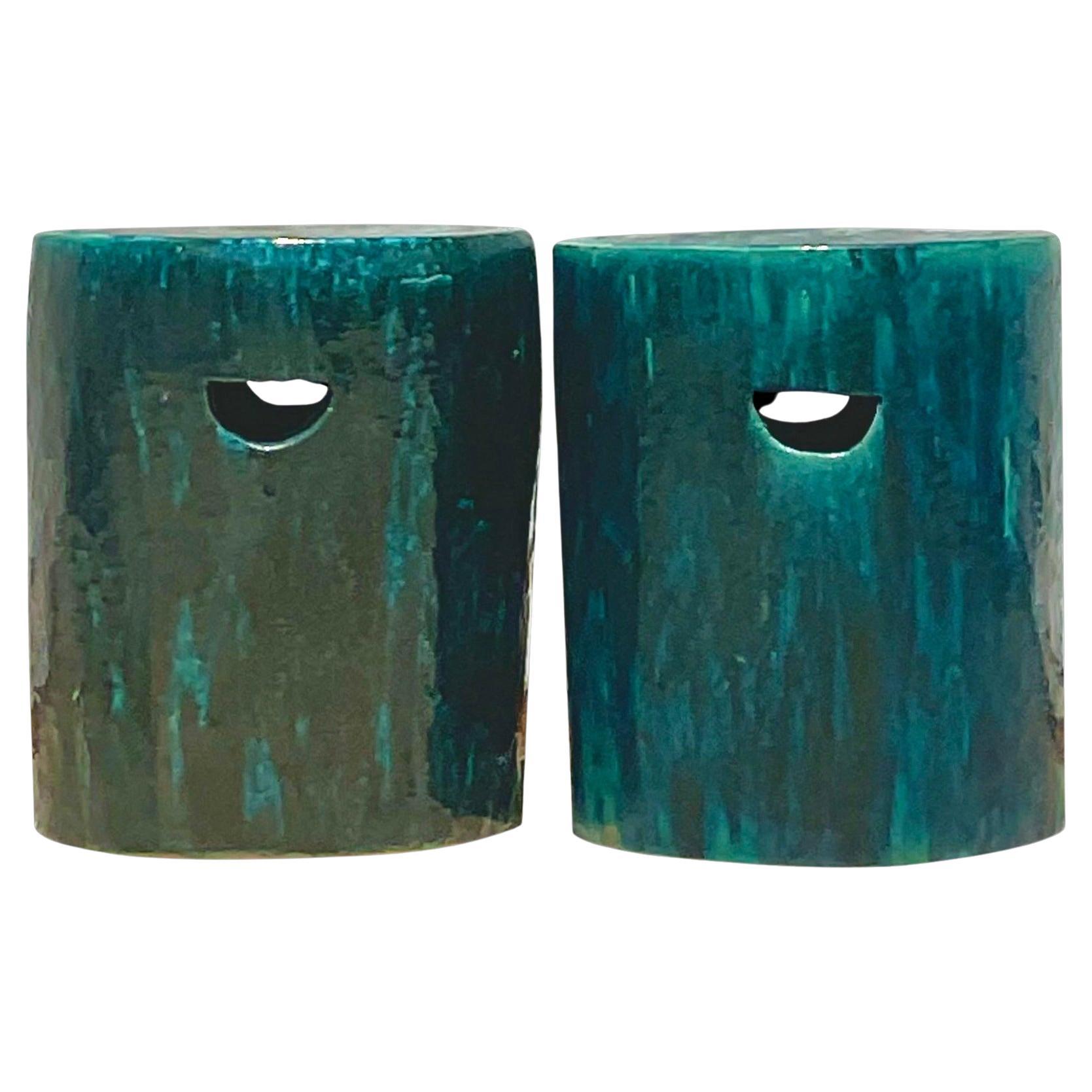 Vintage Boho Glazed Ceramic Stools - a Pair