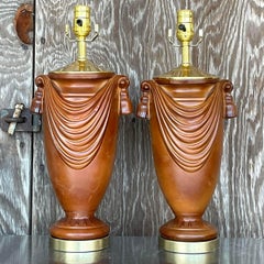 Vintage Boho Glazed Ceramic Swag Lamps - a Pair