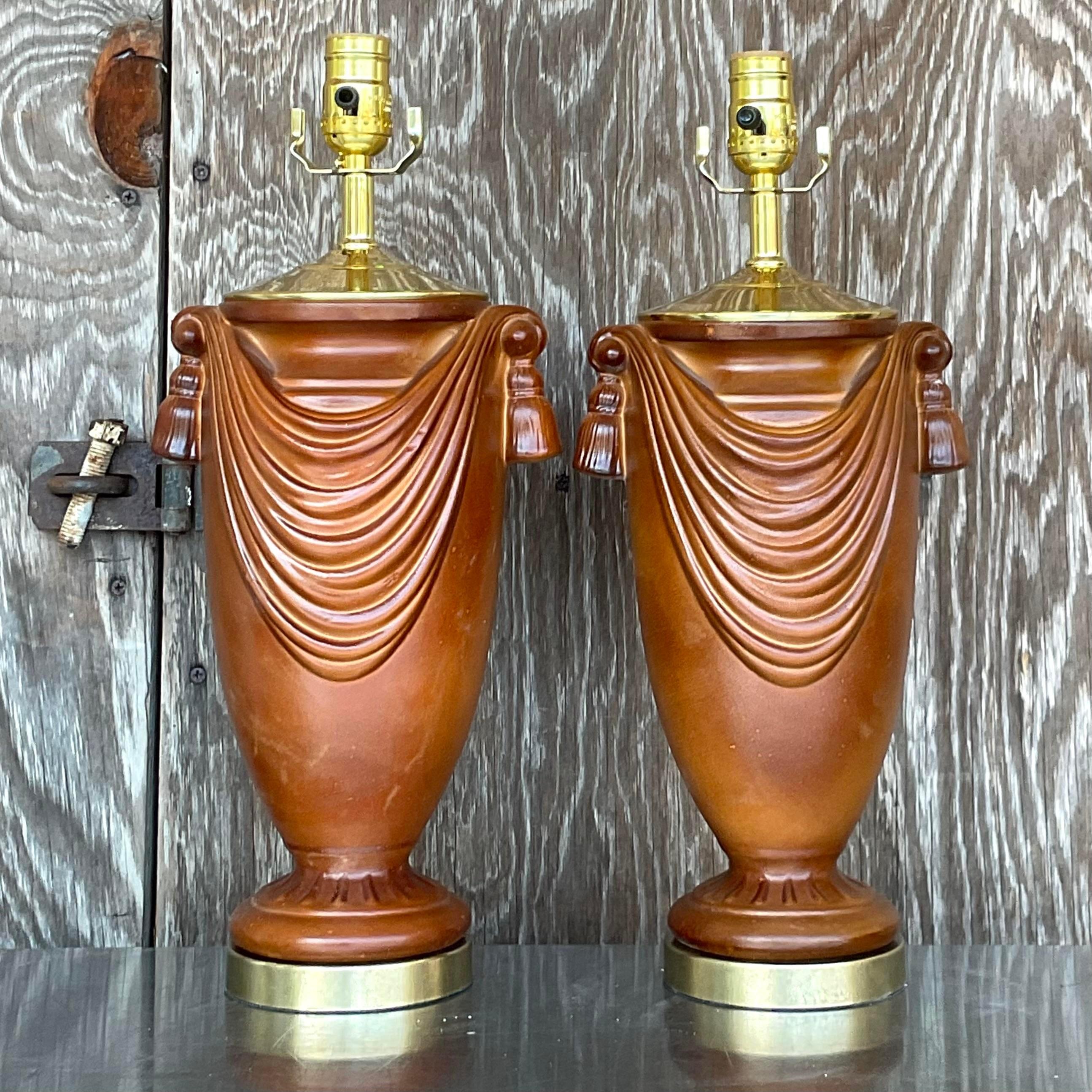 Bohemian Vintage Boho Glazed Ceramic Swag Lamps - a Pair For Sale
