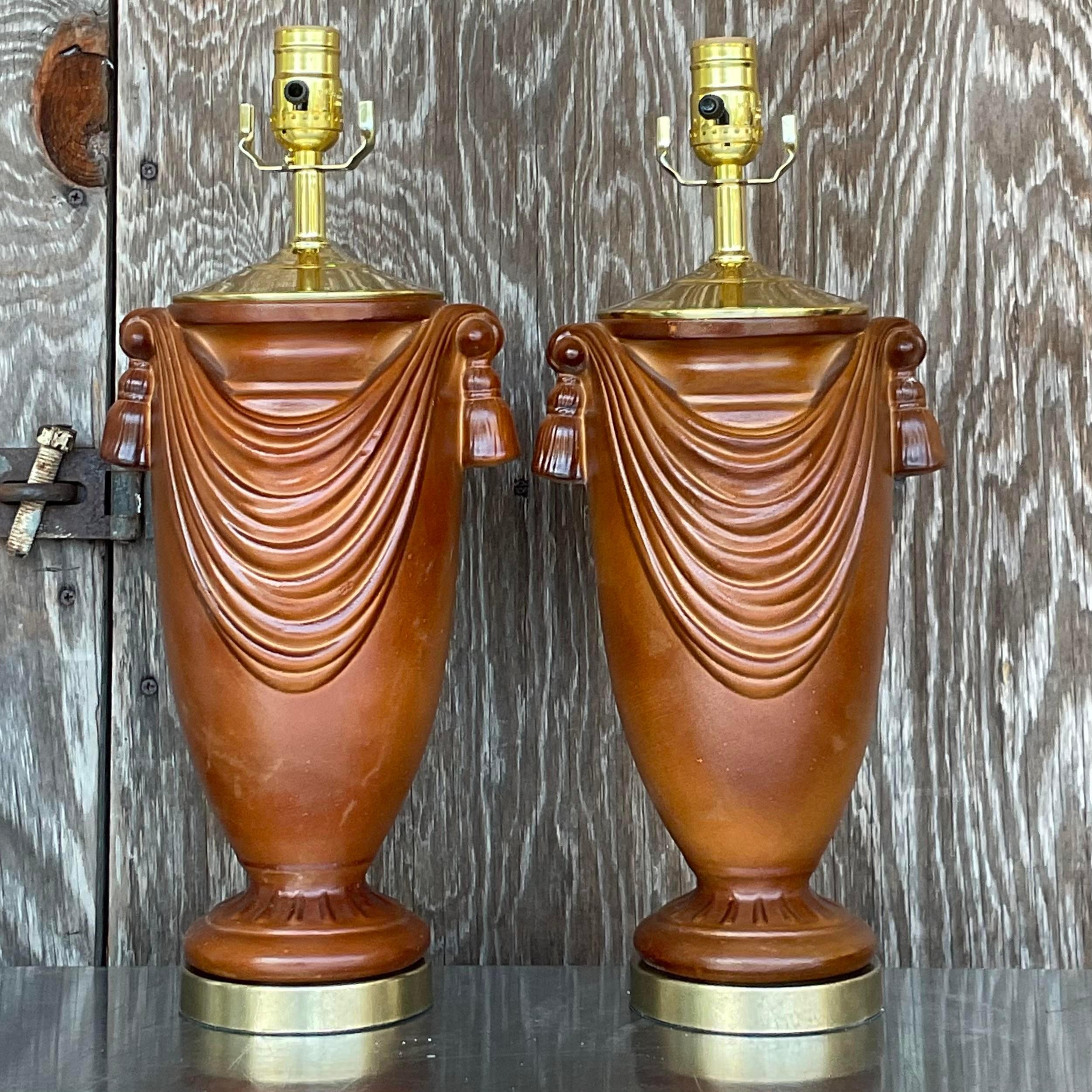 American Vintage Boho Glazed Ceramic Swag Lamps - a Pair For Sale