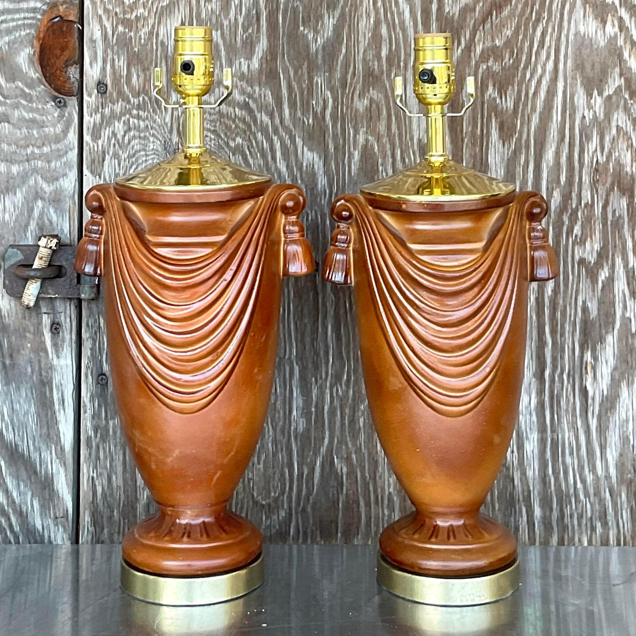 Vintage Boho Glazed Ceramic Swag Lamps - a Pair In Good Condition For Sale In west palm beach, FL