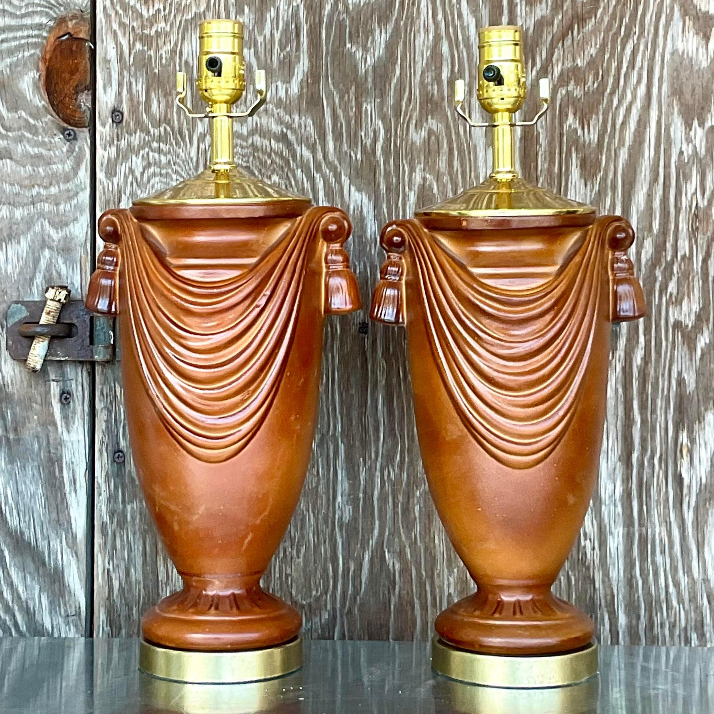 20th Century Vintage Boho Glazed Ceramic Swag Lamps - a Pair For Sale