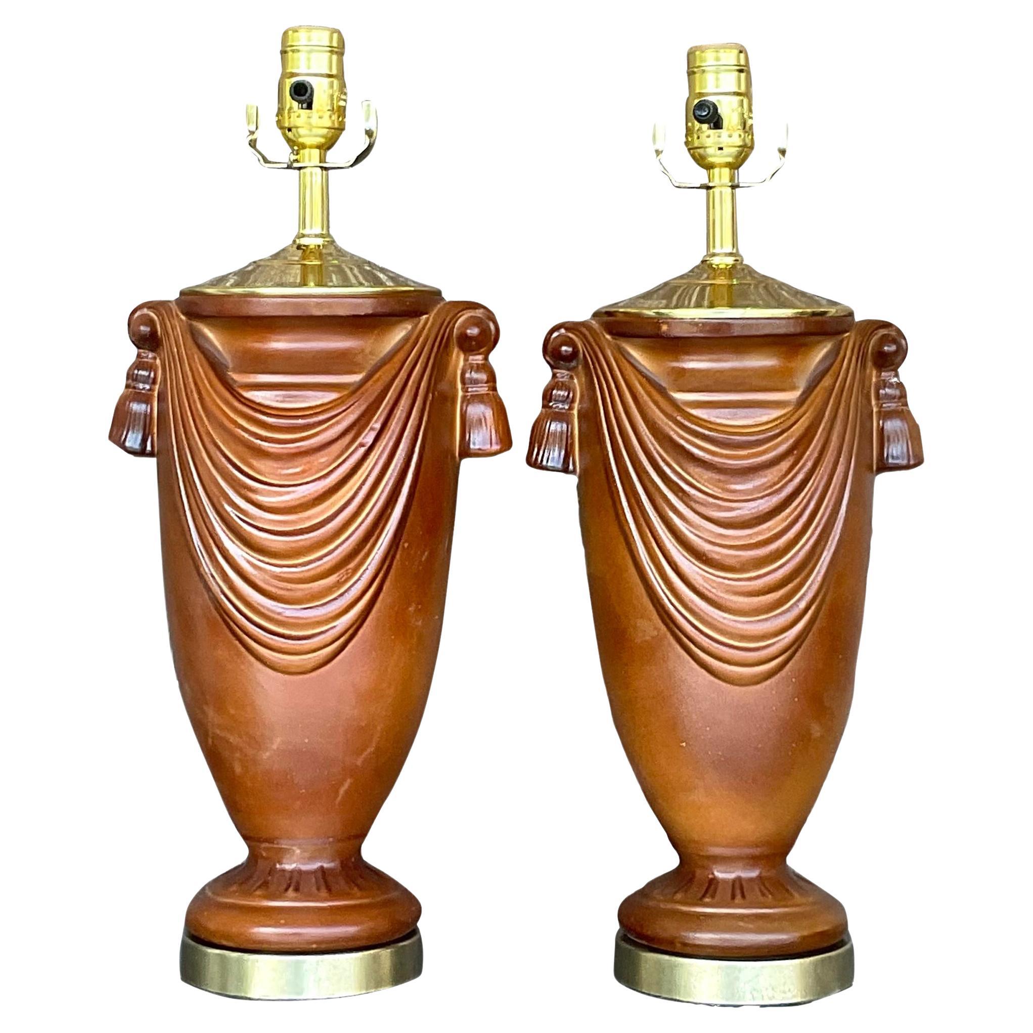 Vintage Boho Glazed Ceramic Swag Lamps - a Pair