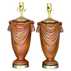 Vintage Boho Glazed Ceramic Swag Lamps - a Pair