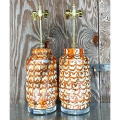 Vintage Boho Glazed Ceramic Table Lamps, a Pair