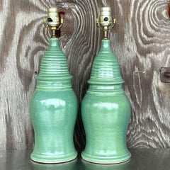 Vintage Boho Glazed Ceramic Table Lamps - a Pair
