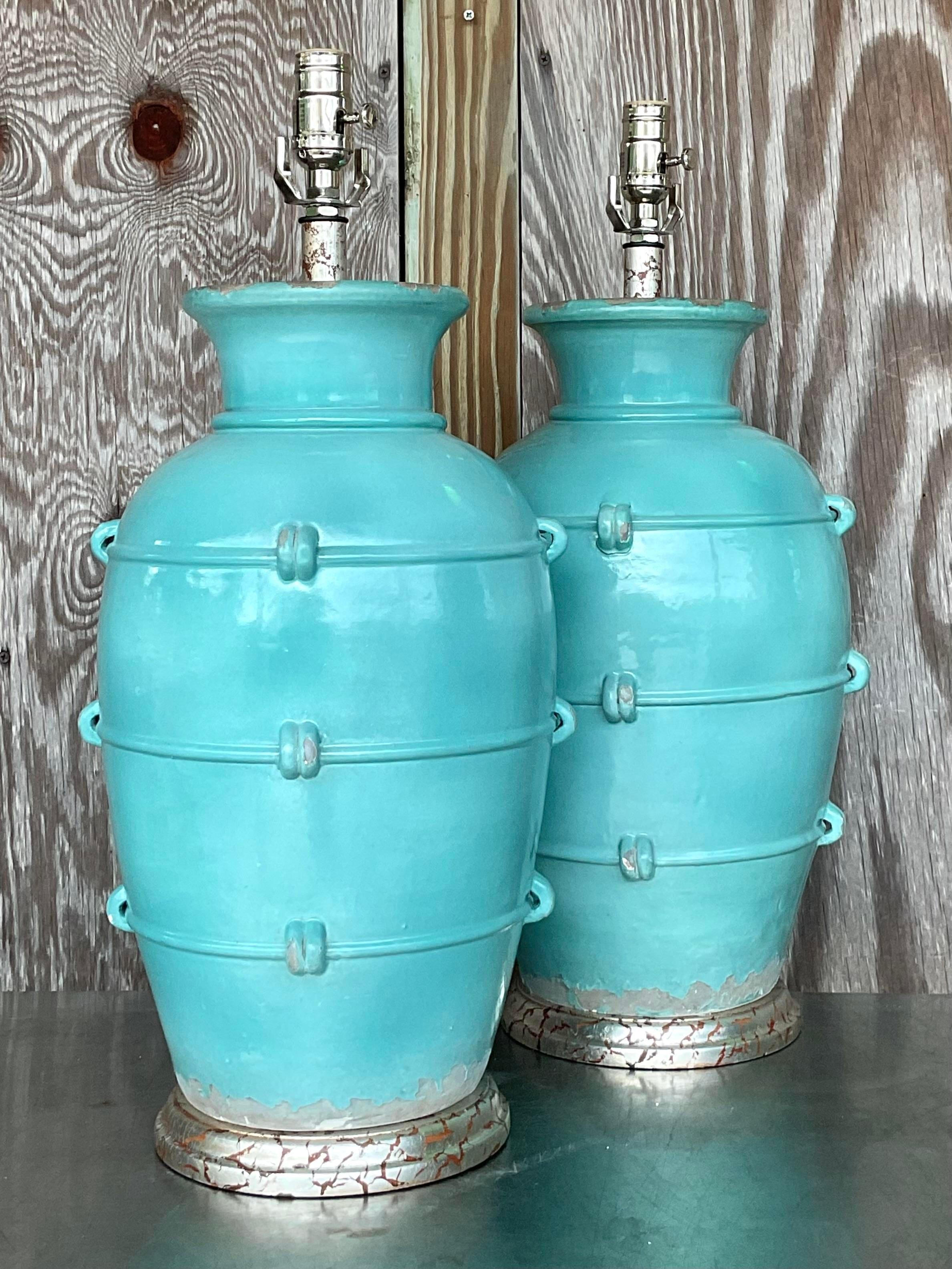 Américain Paire de lampes de bureau vintage en céramique émaillée style Boho en vente