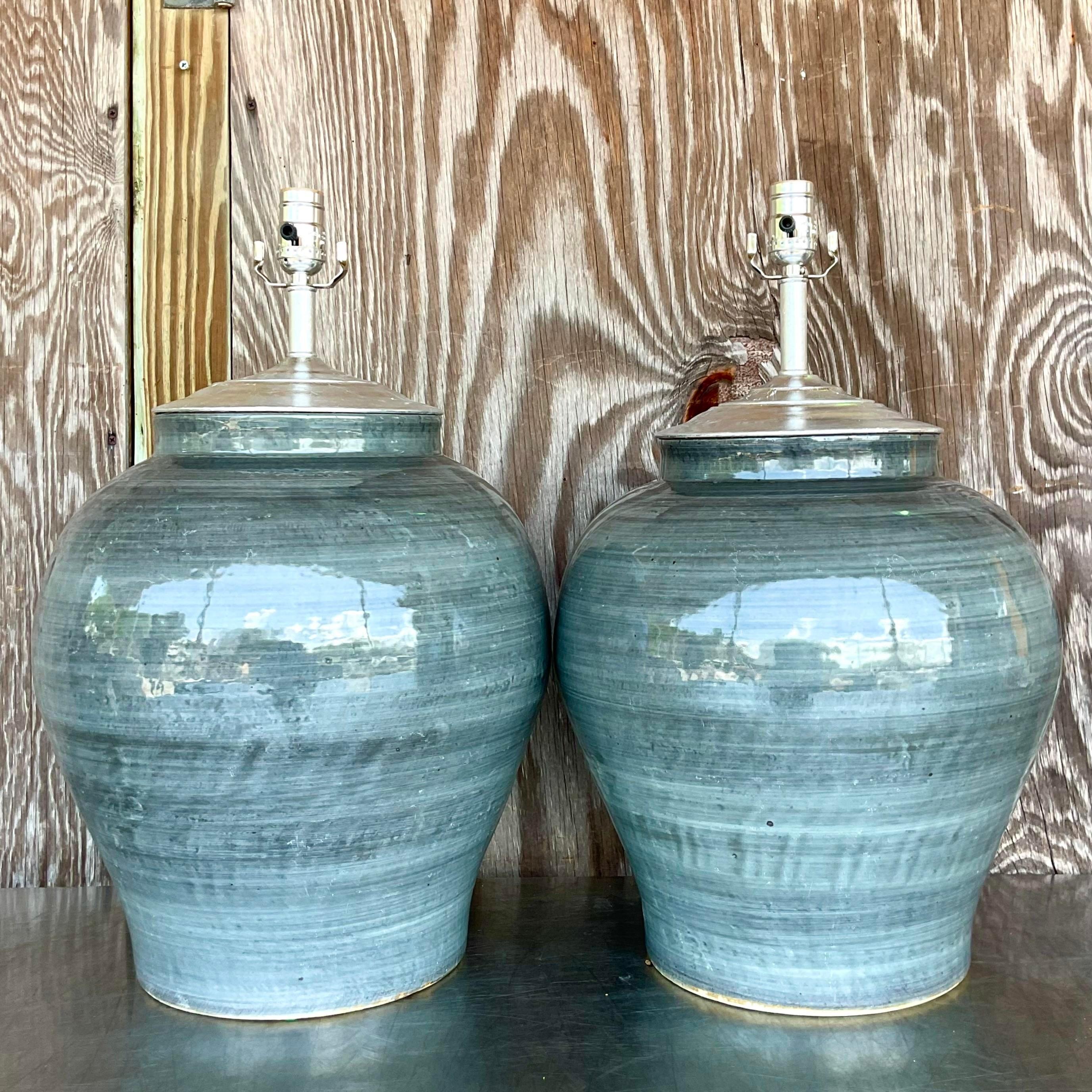 Vintage Boho Glazed Ceramic Table Lamps - a Pair In Good Condition In west palm beach, FL