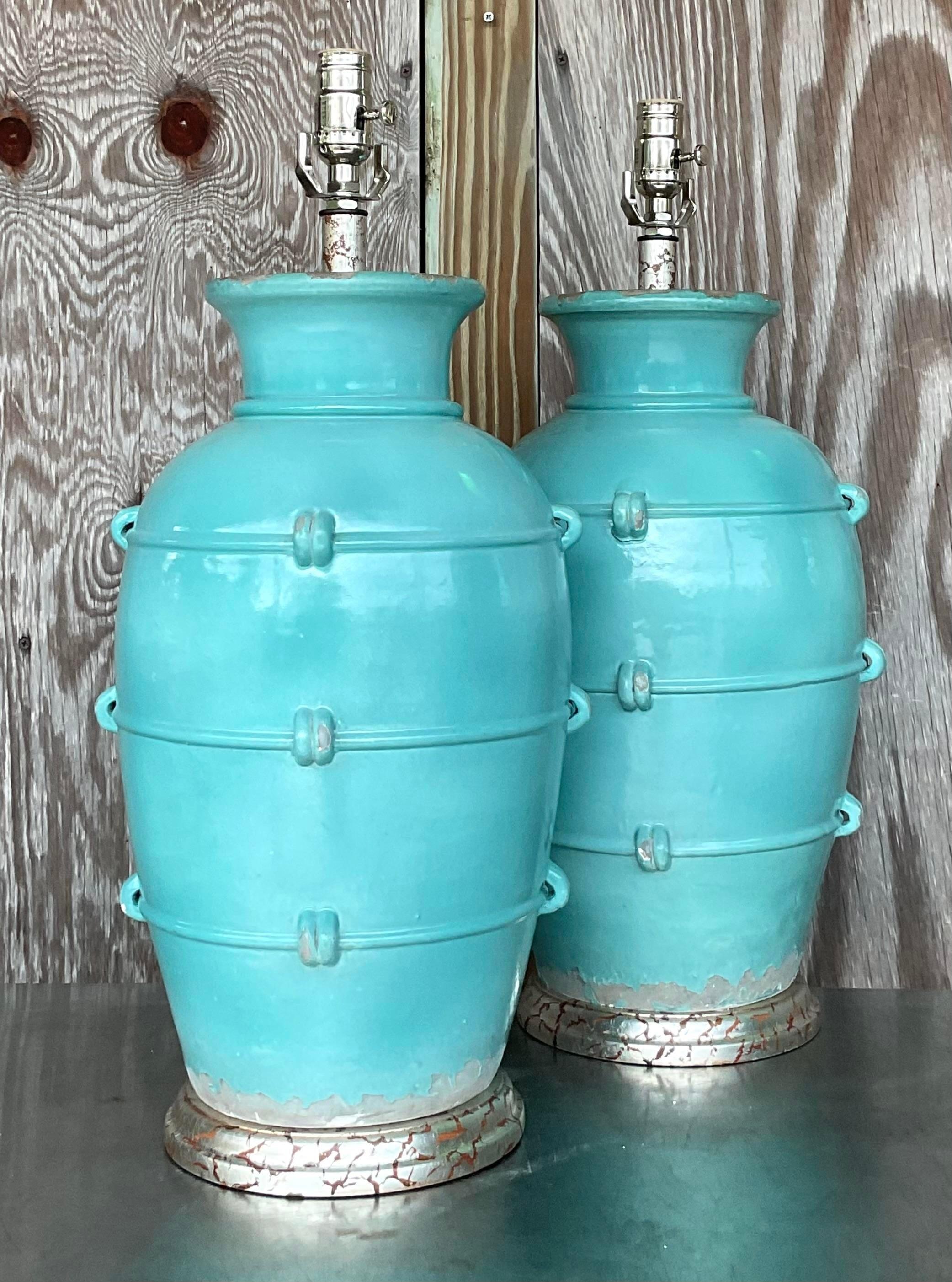 XXIe siècle et contemporain Paire de lampes de bureau vintage en céramique émaillée style Boho en vente