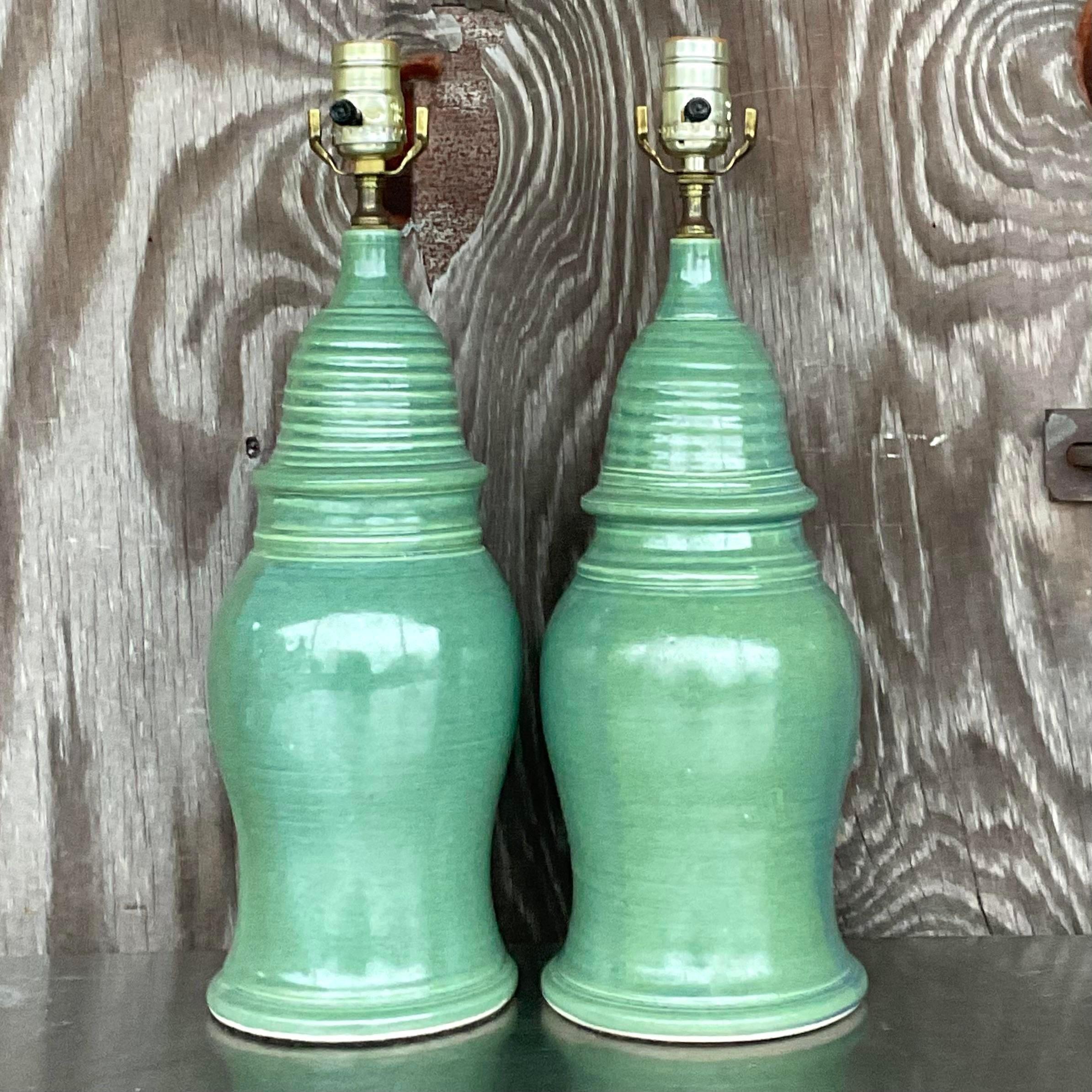 Metal Vintage Boho Glazed Ceramic Table Lamps - a Pair For Sale