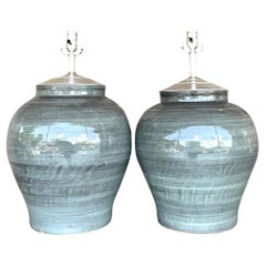 Vintage Boho Glazed Ceramic Table Lamps - a Pair