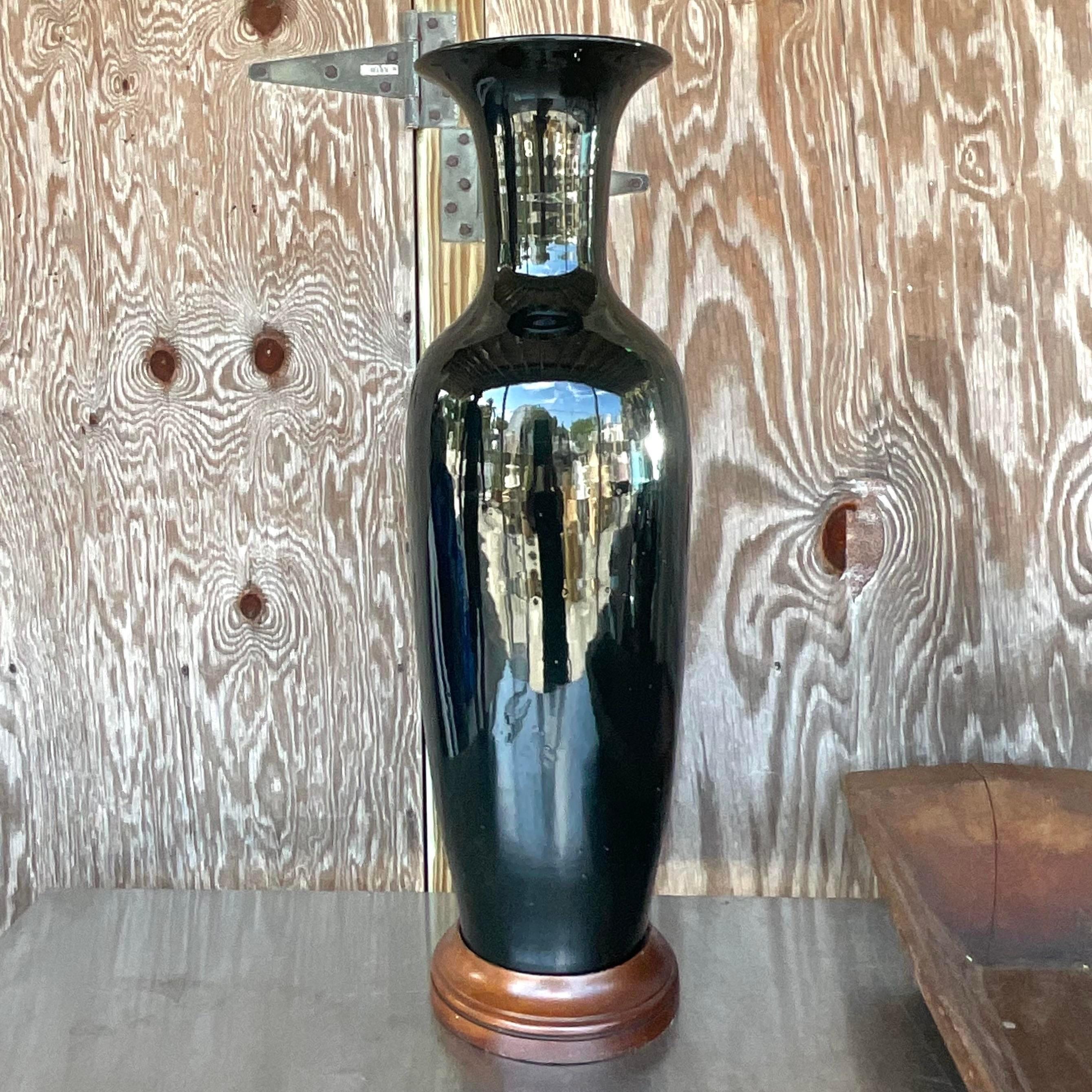 Vintage Boho Glazed Ceramic Tall Ming Vase In Good Condition For Sale In west palm beach, FL