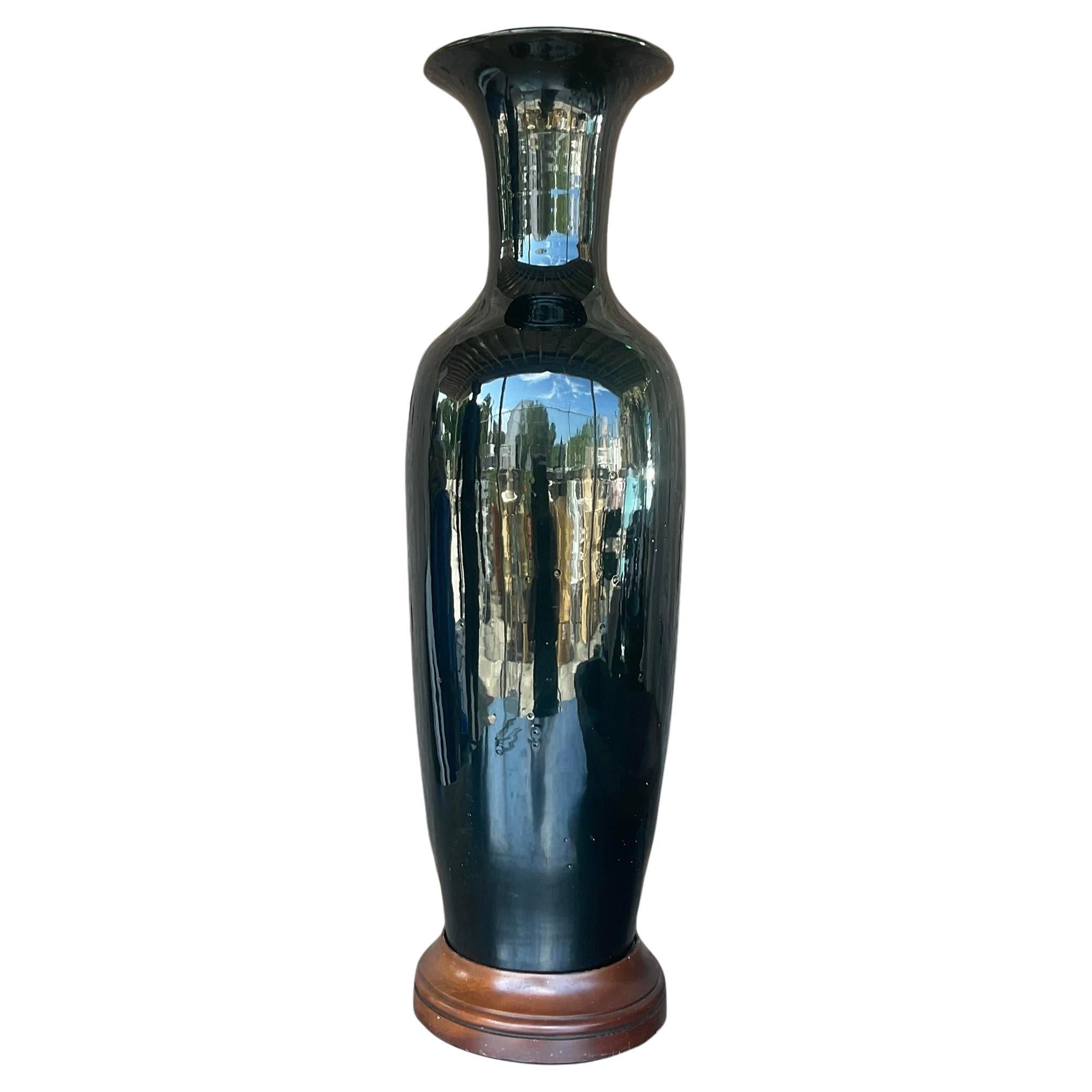 Vintage Boho Glazed Ceramic Tall Ming Vase For Sale