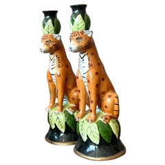 Vintage Boho Glazed Ceramic Tiger Candlesticks - A Pair