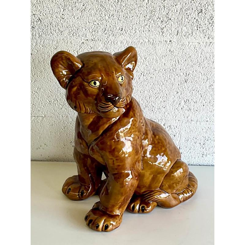 Bohemian Vintage Boho Glazed Ceramic Tiger Cub For Sale