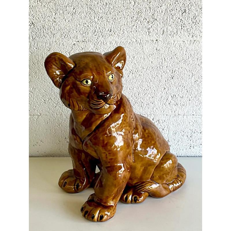 Late 20th Century Vintage Boho Glazed Ceramic Tiger Cub For Sale
