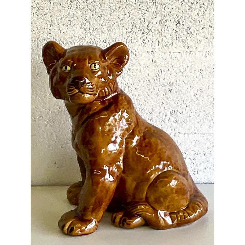 Vintage Boho Glazed Ceramic Tiger Cub For Sale 2