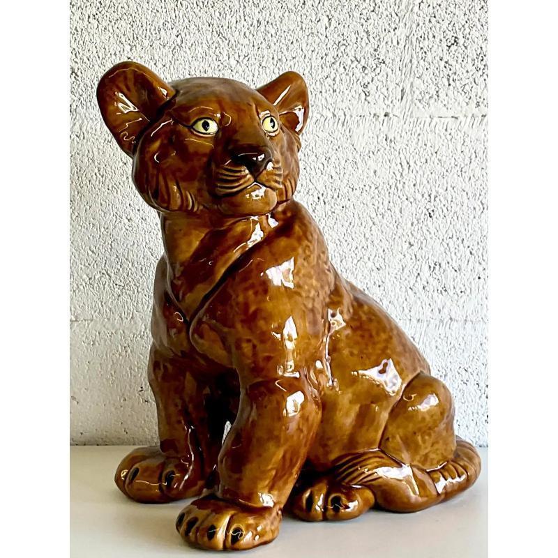 Vintage Boho Glazed Ceramic Tiger Cub For Sale 3