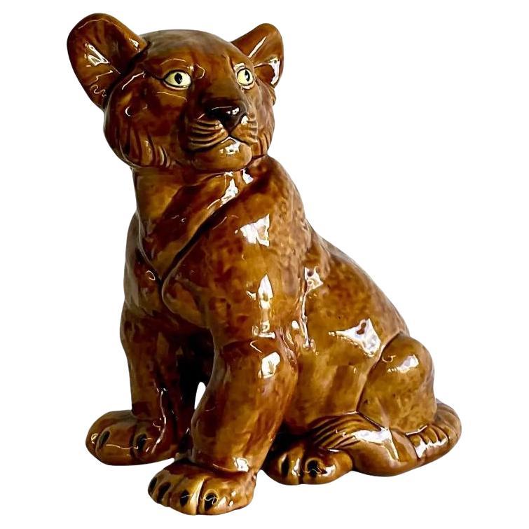 Vintage Boho Glazed Ceramic Tiger Cub