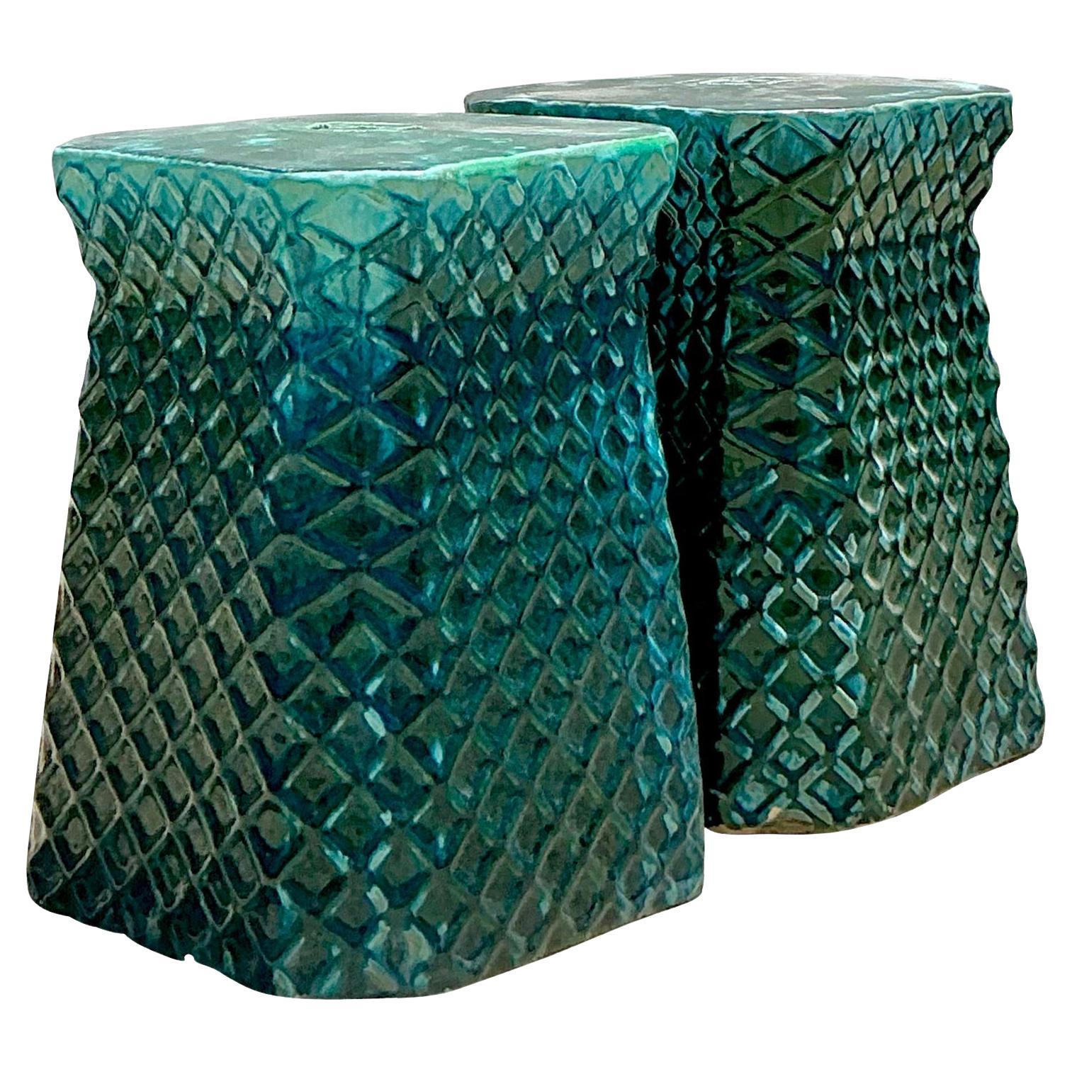 Vintage Boho Glazed Ceramic Trellis Low Stools - A Pair