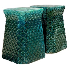 Vintage Boho Glazed Ceramic Trellis Low Stools - A Pair