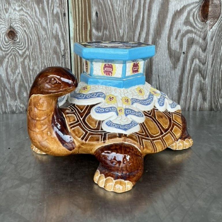 Vintage Boho Glazed Ceramic Turtle Low Stool For Sale 5