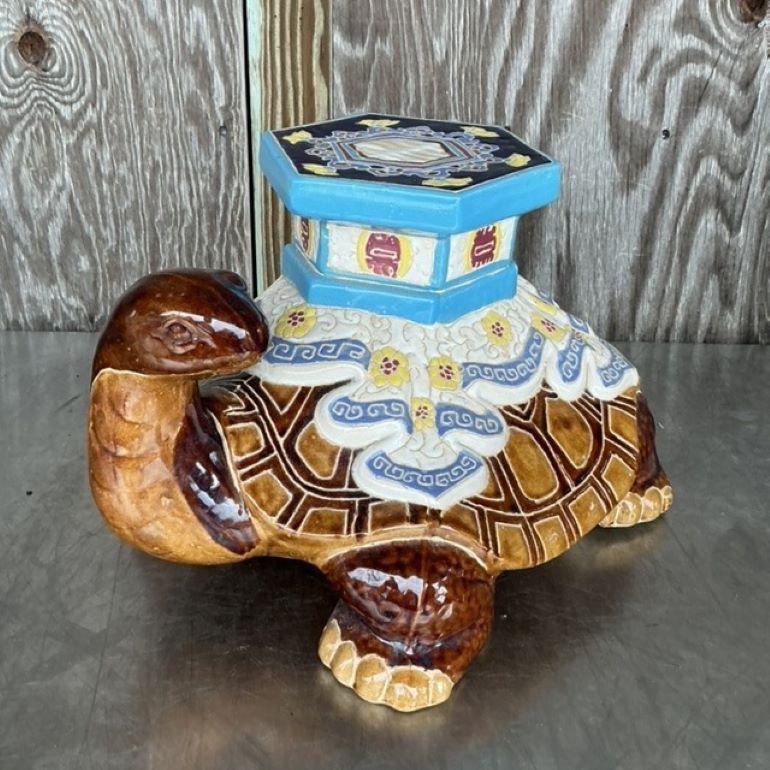 American Vintage Boho Glazed Ceramic Turtle Low Stool For Sale