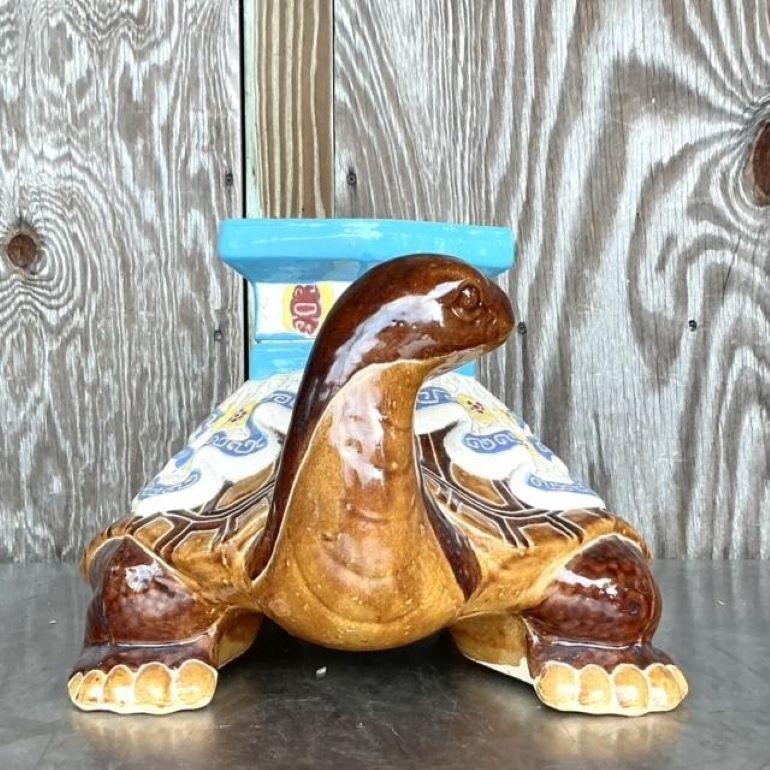 20th Century Vintage Boho Glazed Ceramic Turtle Low Stool For Sale
