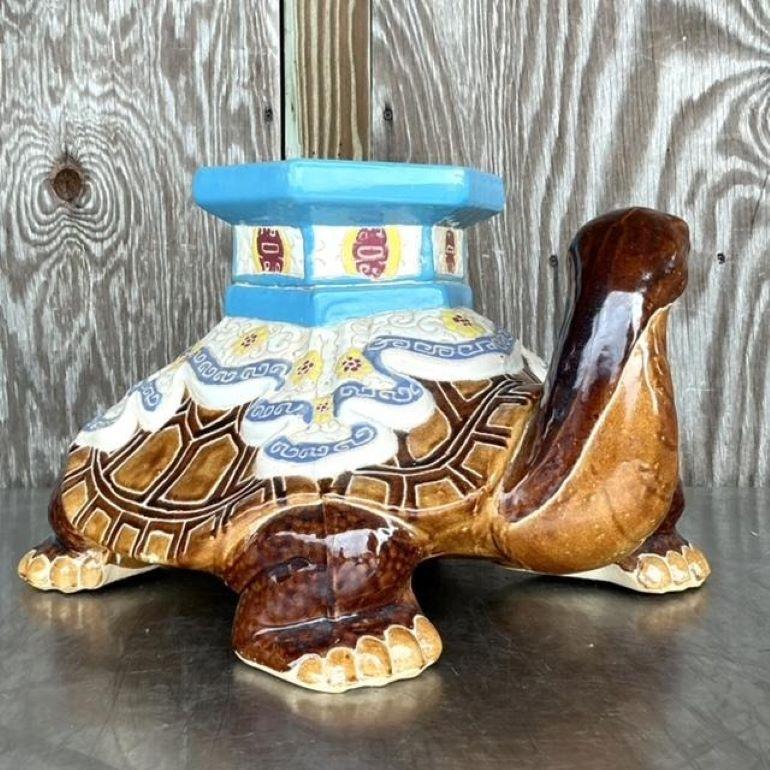 Vintage Boho Glazed Ceramic Turtle Low Stool For Sale 1