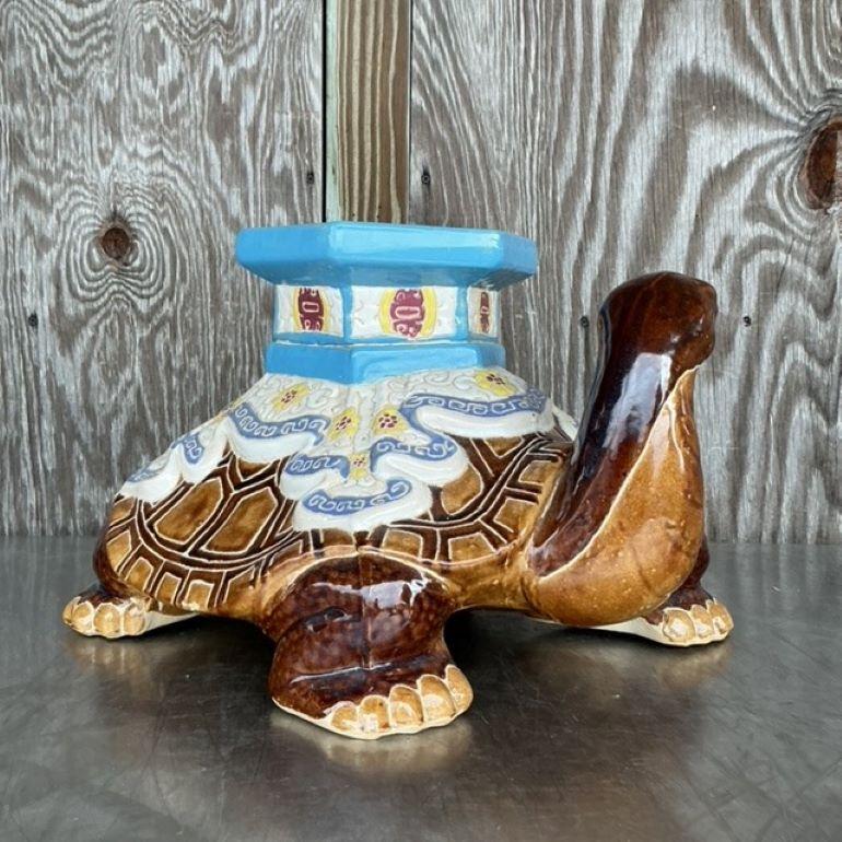 Vintage Boho Glazed Ceramic Turtle Low Stool For Sale 2
