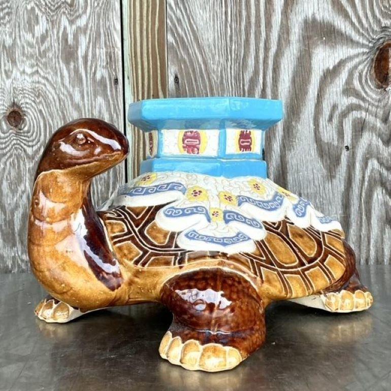 Vintage Boho Glazed Ceramic Turtle Low Stool For Sale 3