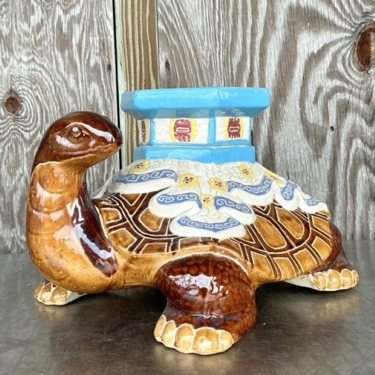 Vintage Boho Glazed Ceramic Turtle Low Stool For Sale 4