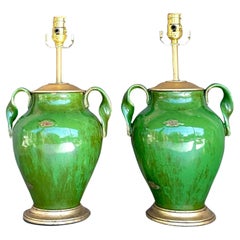 Vintage Boho Glazed Ceramic Twisted Handle Lamps - a Pair